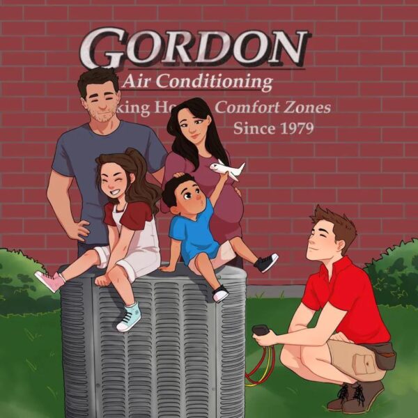 Gordon Air Conditioning illustration of a tech servicing an AC with the homeowners and their family nearby